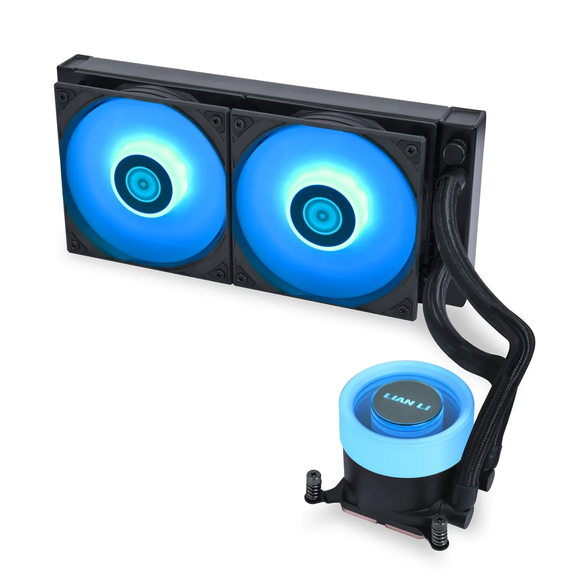 Black 240 mm AIO liquid cooler with two 120 mm RGB fans and illuminated pump block