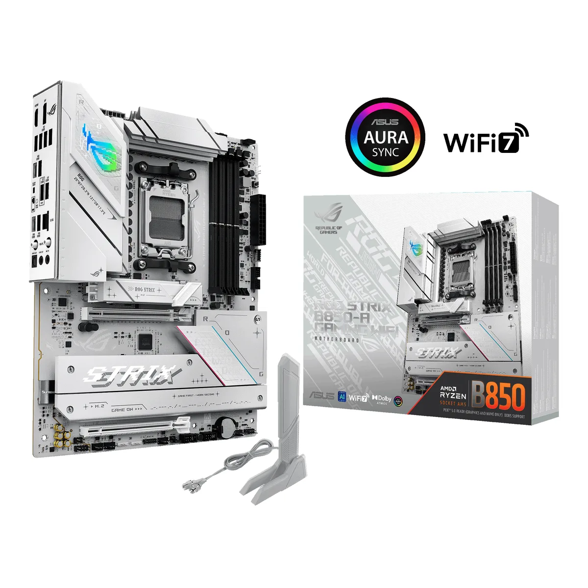 White ATX motherboard with silver heatsinks and black PCB