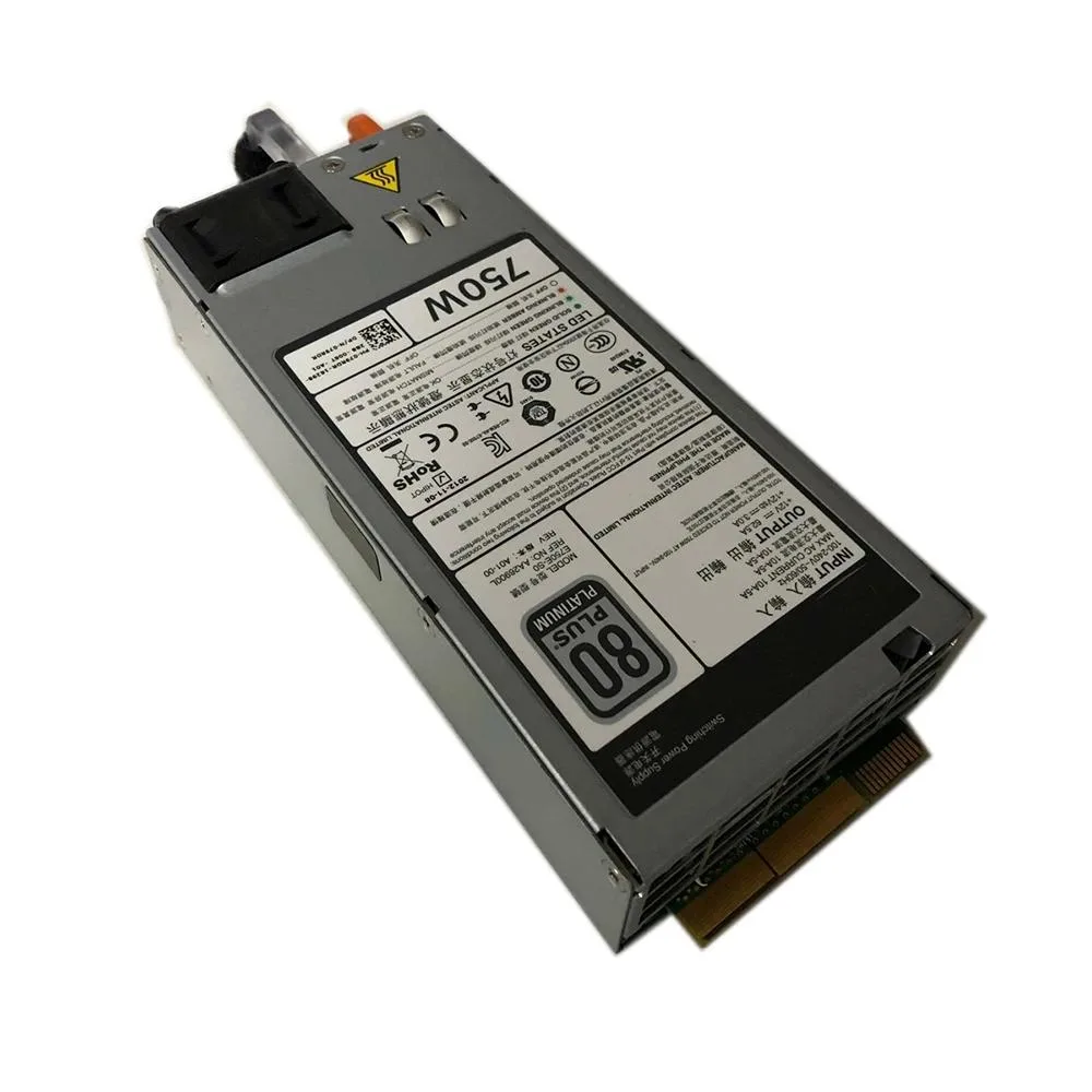 Rectangular silver server power supply unit with rear fan grille and connector panel