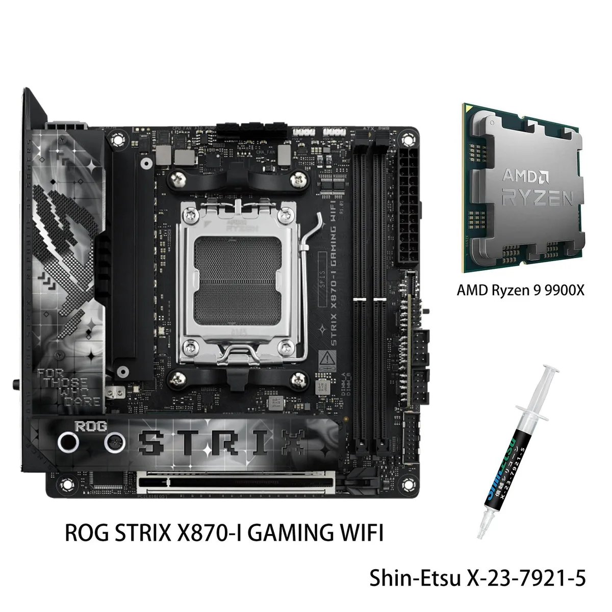 Compact Mini-ITX motherboard in dark metallic finish with large heatsinks and integrated I/O cover, paired with a Ryzen 9 9900X CPU