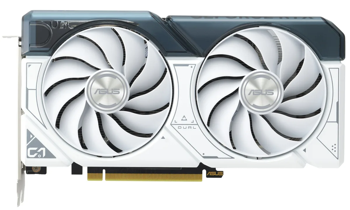 White dual-fan graphics card with silver accents, 2.5-slot ATX form factor