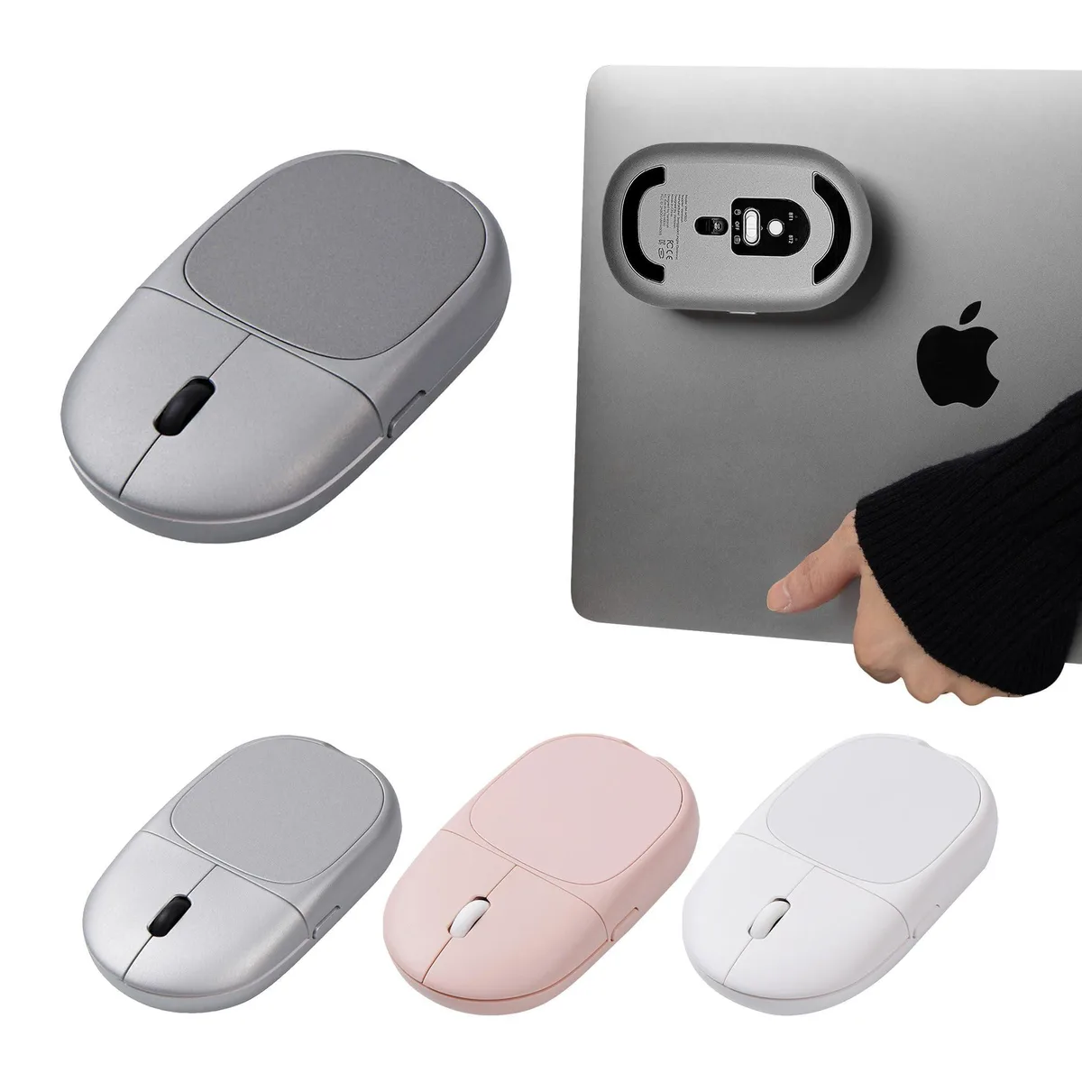 Compact space-gray wireless mouse with magnetic pad, slim ambidextrous shape, quiet clicks