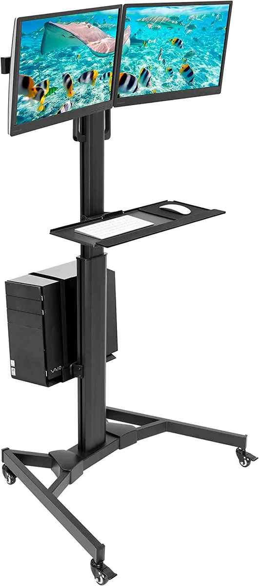 BFKK BFKK Adjustable Mobile PC Workstation Dual Monitor Cart with Keyboard Tray CPU Holder — toote foto
