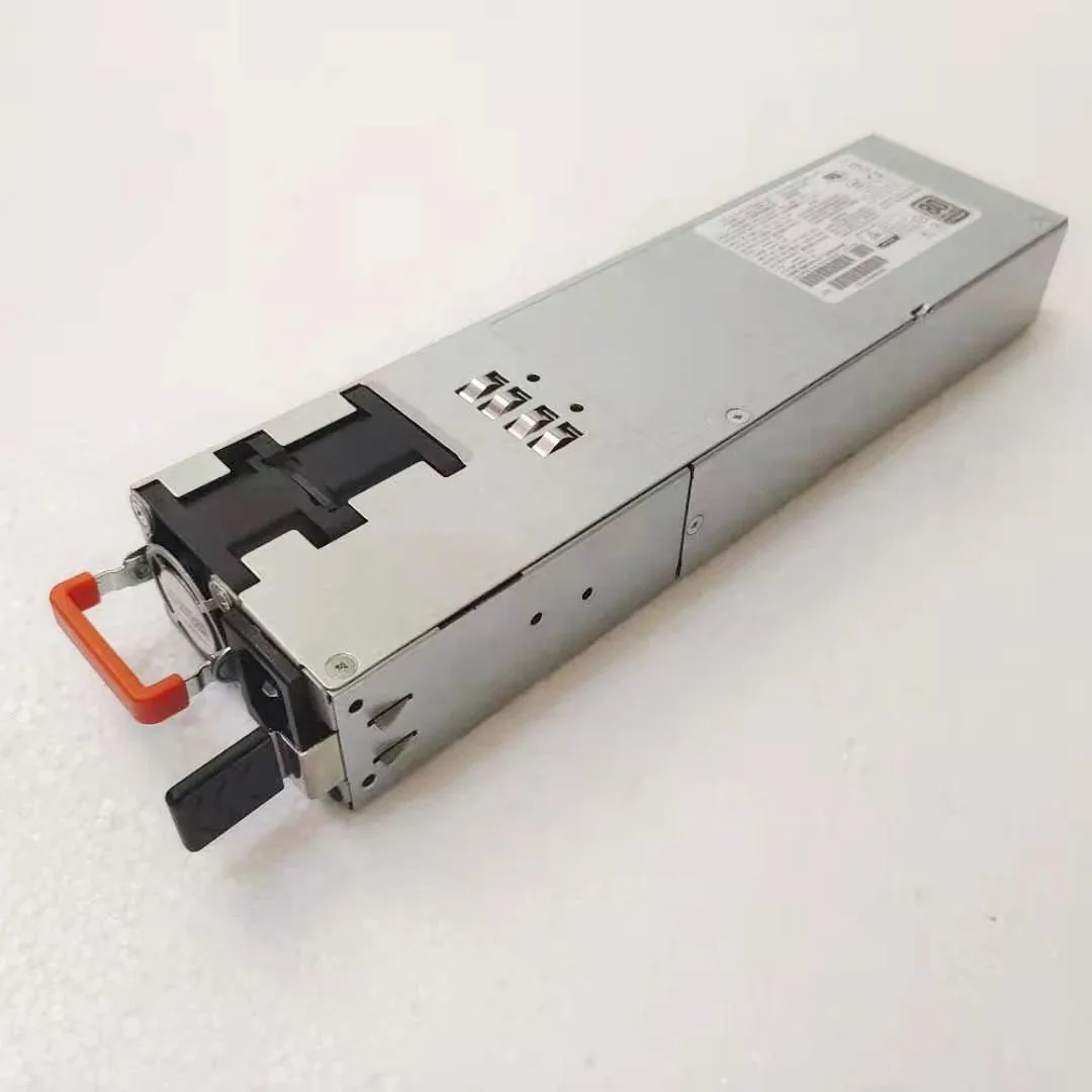 Rectangular metal power supply unit with rear fan grille and side label
