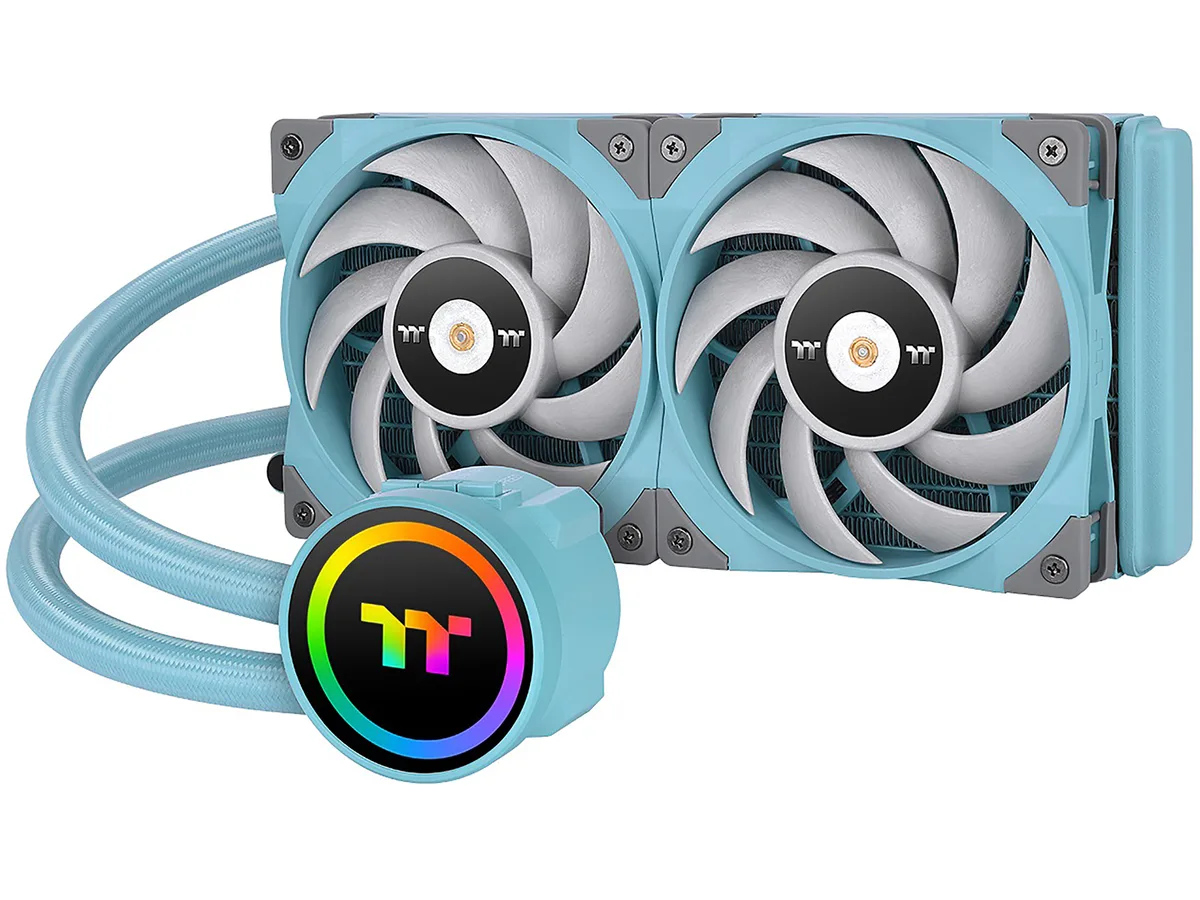 Turquoise 240 mm AIO radiator with two 120 mm fans and turquoise water block
