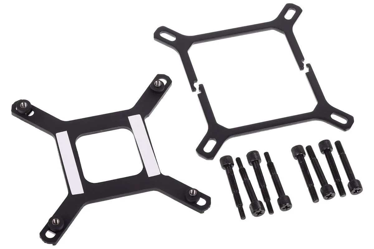 Black metal Intel mounting bracket with backplate and screws for Alphacool Eisbaer water cooler