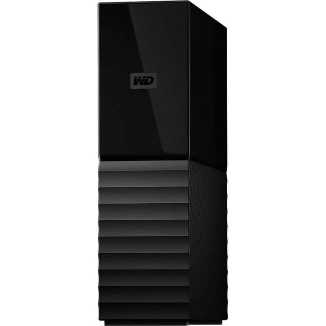Black rectangular desktop external hard drive with USB 3.0 cable and power adapter