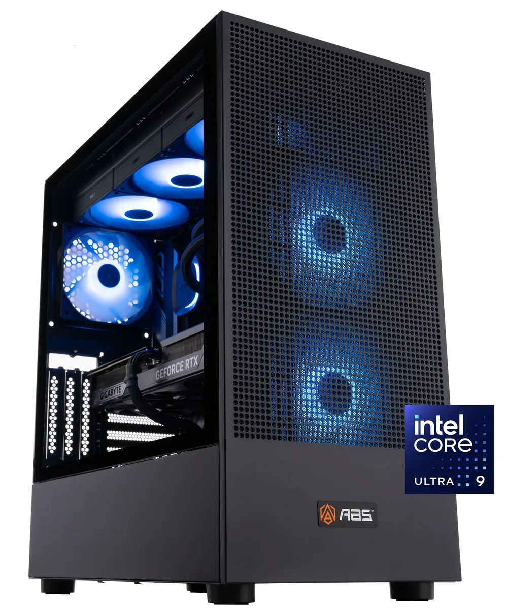 Black mid-tower gaming desktop with mesh front panel and tempered glass side panel