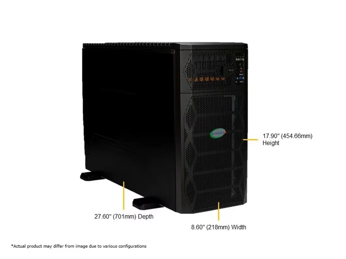 Silver 5U tower chassis with four liquid-cooled GPUs and dual CPUs installed