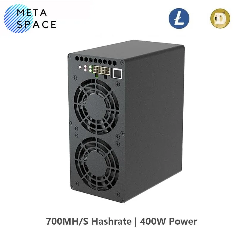 Compact rectangular ASIC miner in silver metal casing with two front fans and Ethernet port