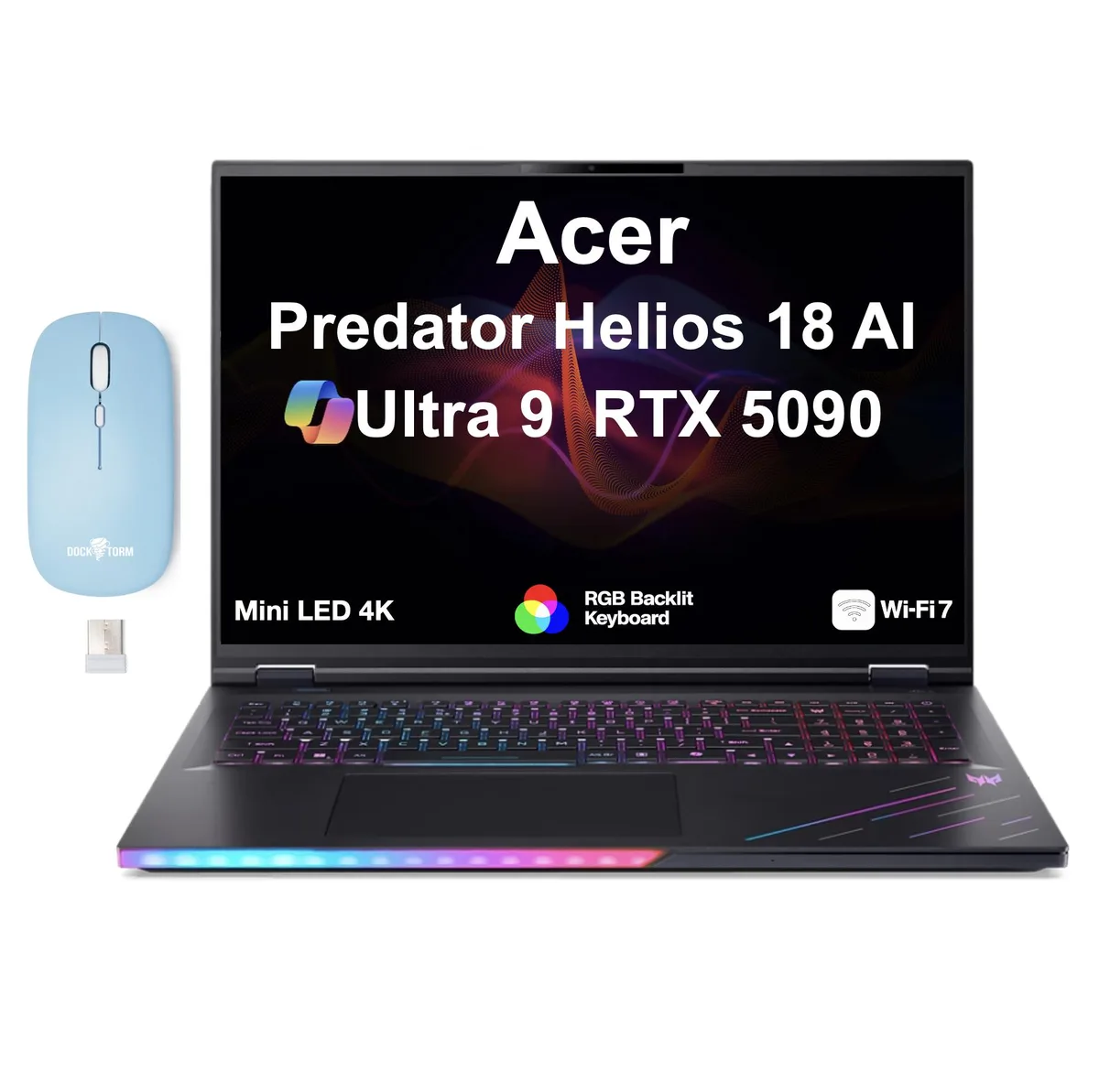 Black 18 inch gaming laptop with Mini LED 4K display and RGB keyboard