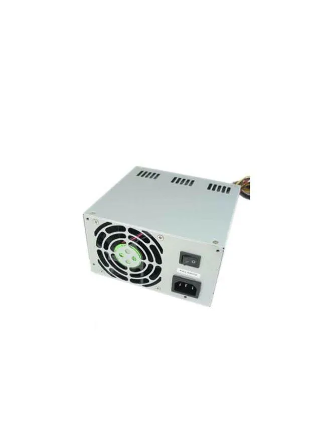 Rectangular metal ATX power supply unit with cooling fan and multiple cable connectors