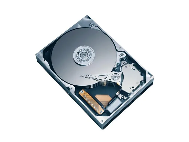 Silver 3.5 inch bare hard drive with green circuit board visible
