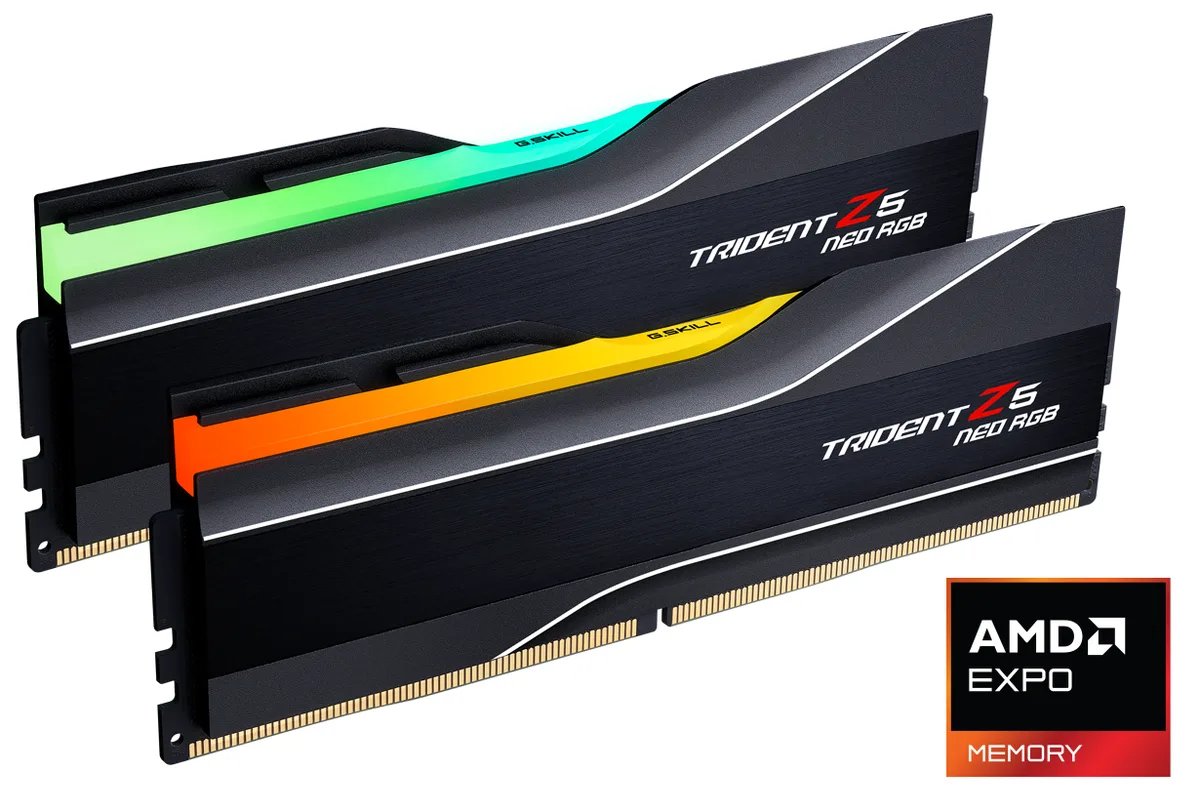 Two black DDR5 memory modules with brushed aluminium heat spreaders and RGB light bars