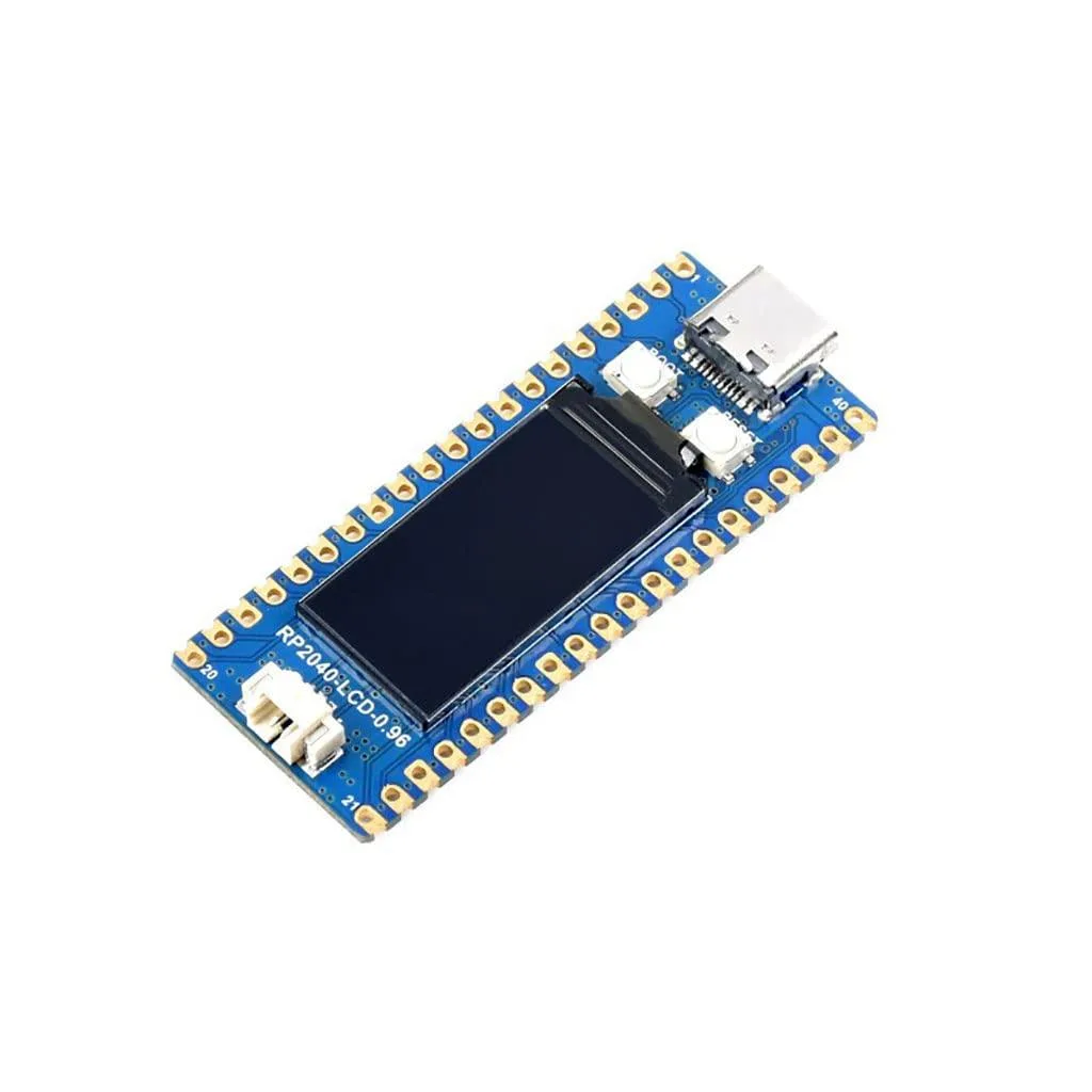 Green rectangular development board with .96 inch colour LCD screen and USB-C connector, pre-soldered header pins visible along edges