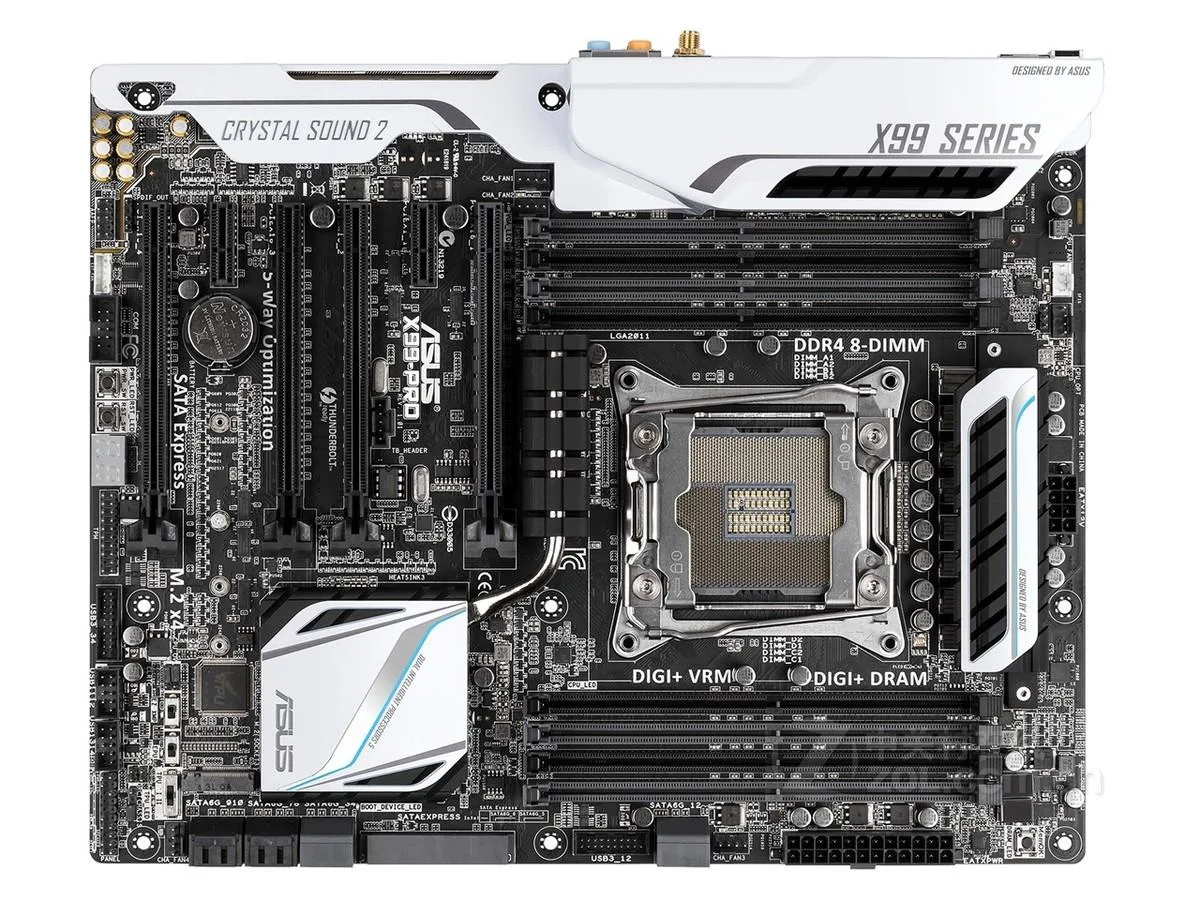ATX motherboard black PCB silver heatsinks LGA 2011-v3 socket DDR4 slots