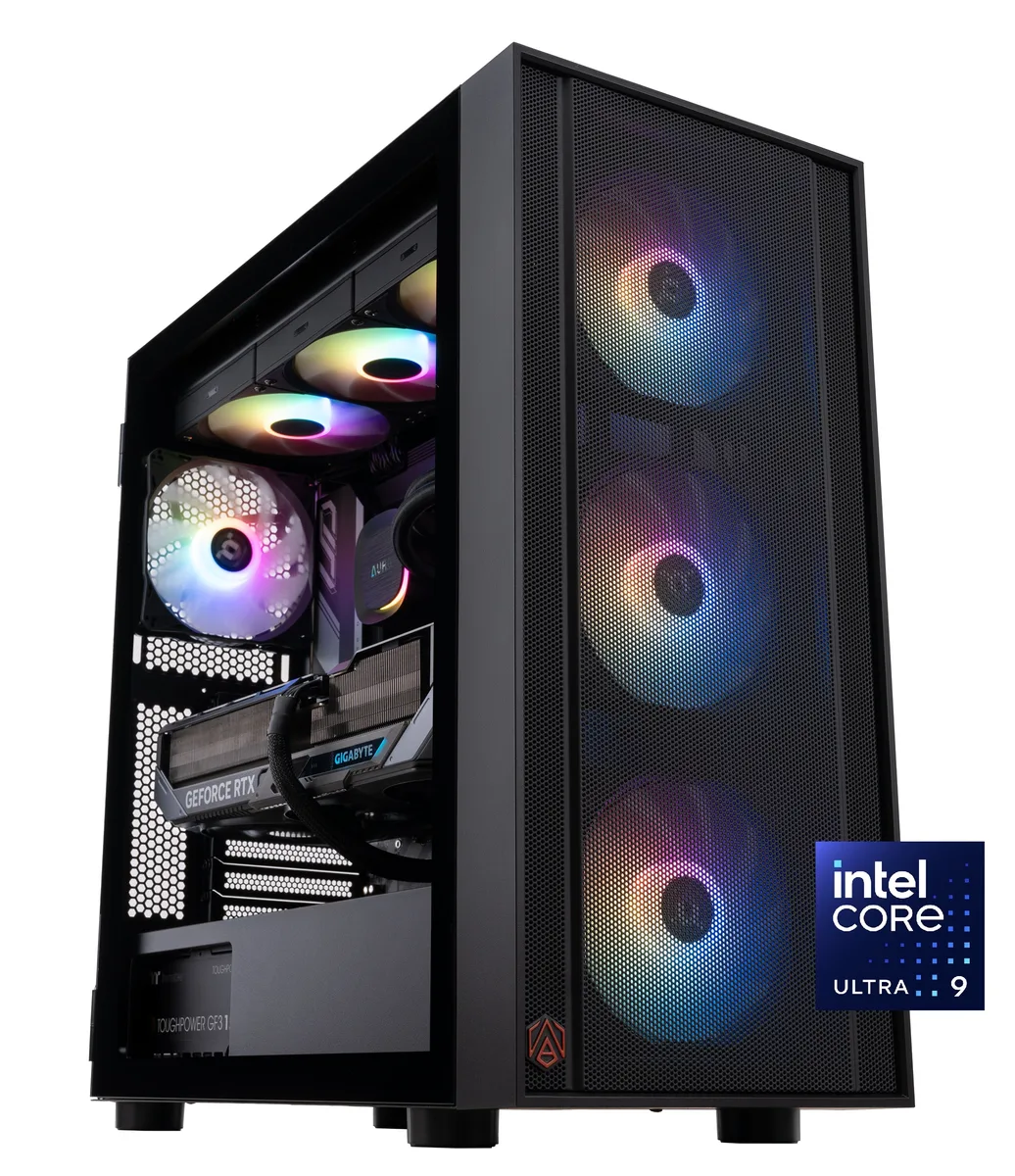 Black ABS H570 mid-tower with 360mm liquid cooler and RGB RAM visible through side panel