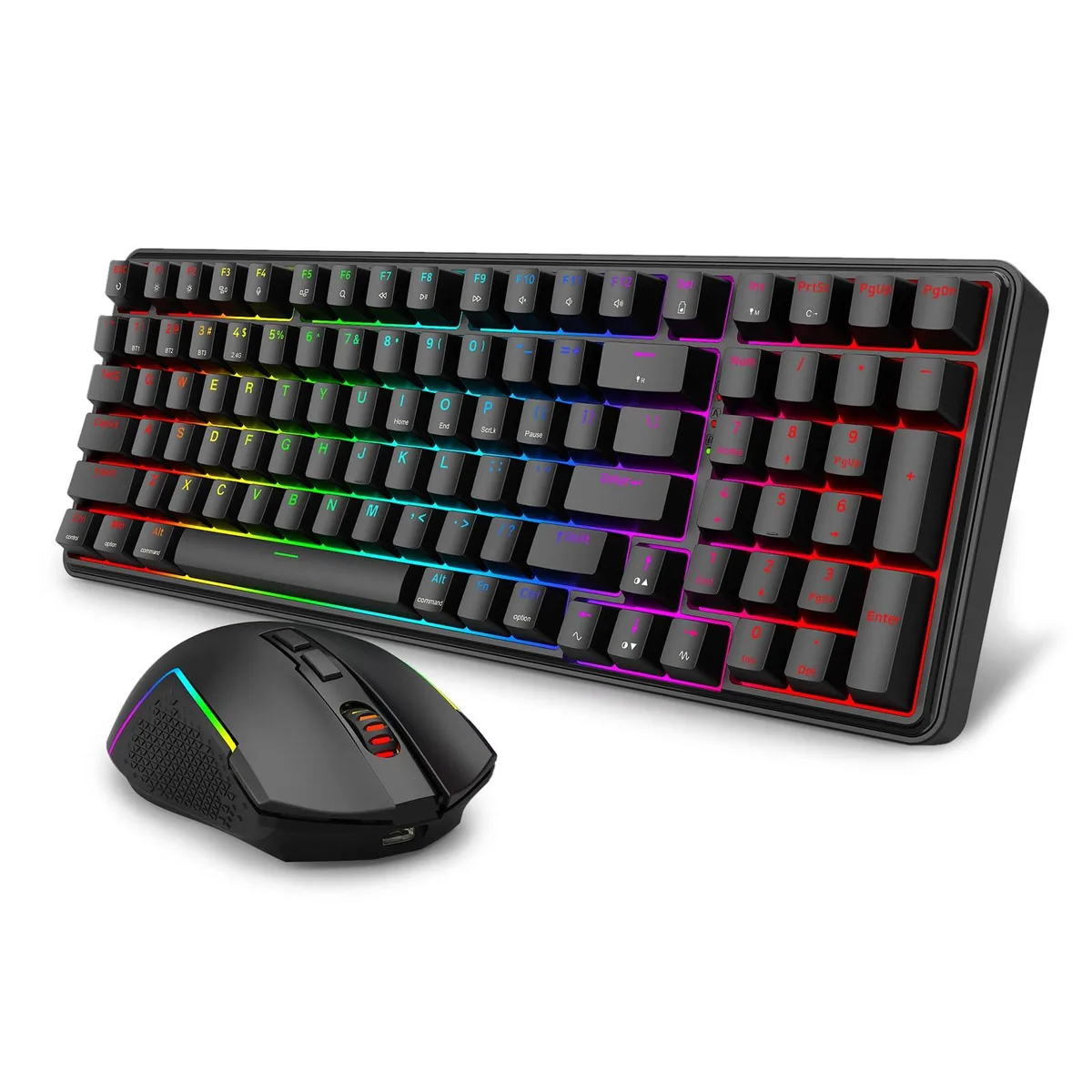 Black 99-key wireless gaming keyboard with matching mouse, compact layout, RGB backlighting, gasket mount design