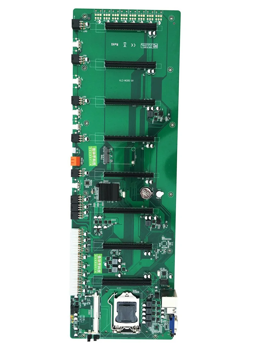 OUTAD B85 mining motherboard, extended ATX board with eight PCIe slots spaced 65mm apart, black PCB, silver heatsinks