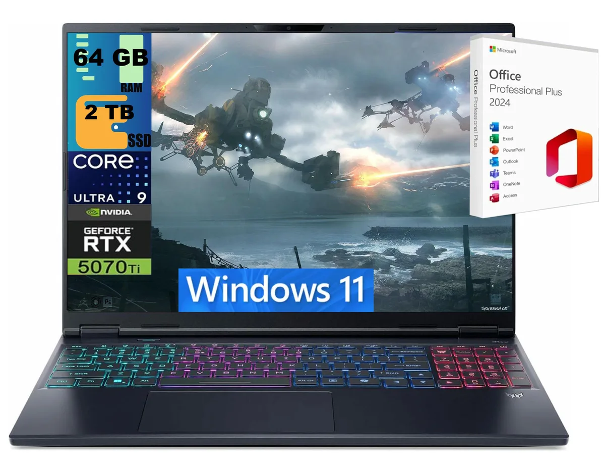Black 16 inch gaming laptop, slim profile, matte finish, backlit keyboard visible