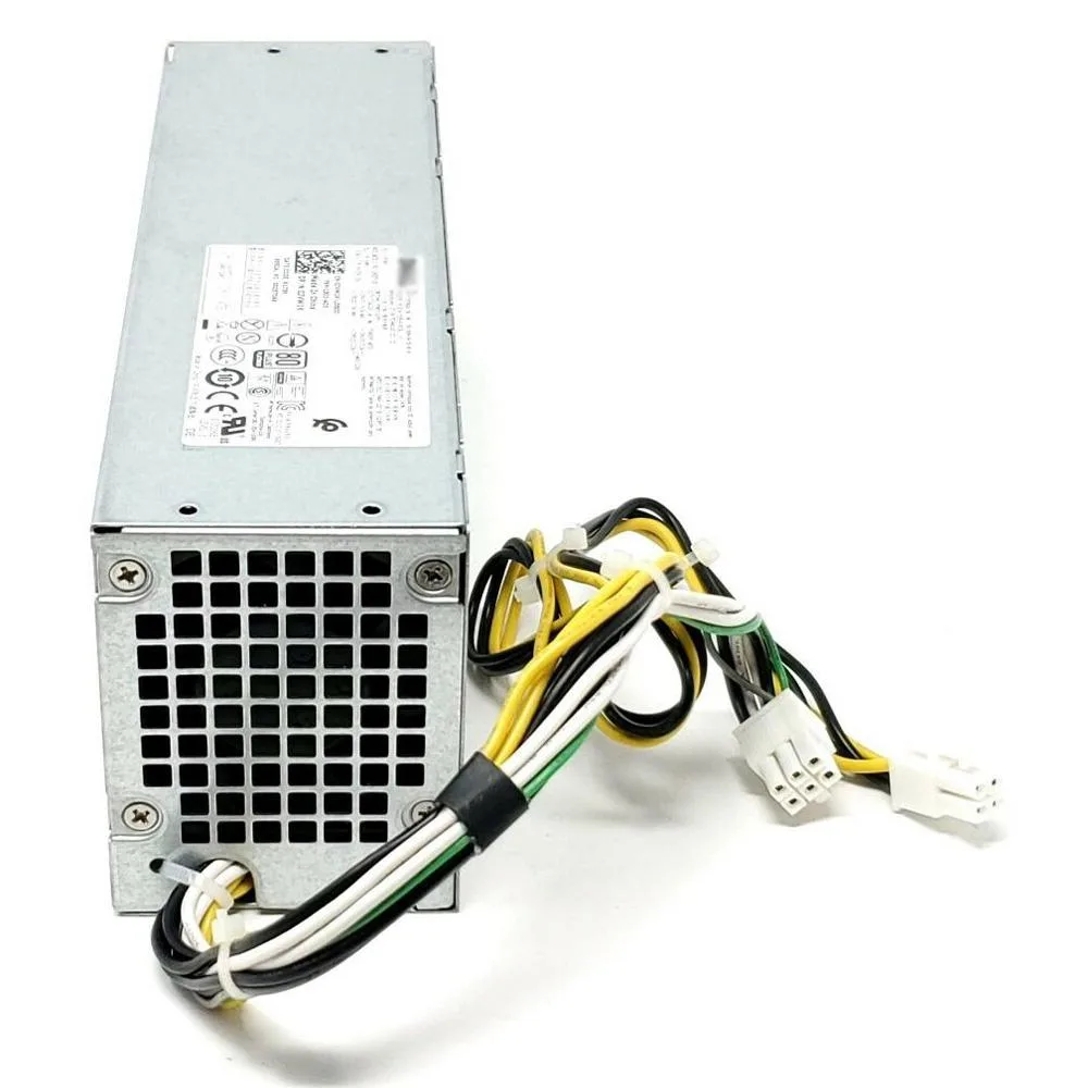 Silver metal rectangular ATX power supply unit with fan grille and power socket