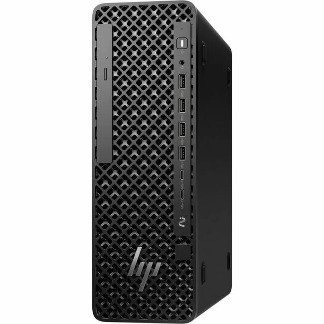 Small black desktop tower, compact rectangular shape, matte finish