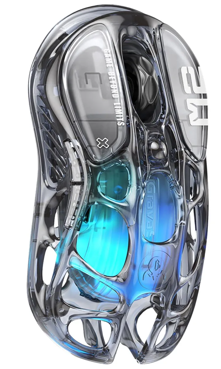 Transparent black lightweight gaming mouse with hollowed-out shell and RGB lighting