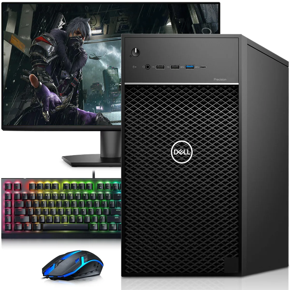 Black Dell Precision 3630 tower desktop with 24 inch monitor