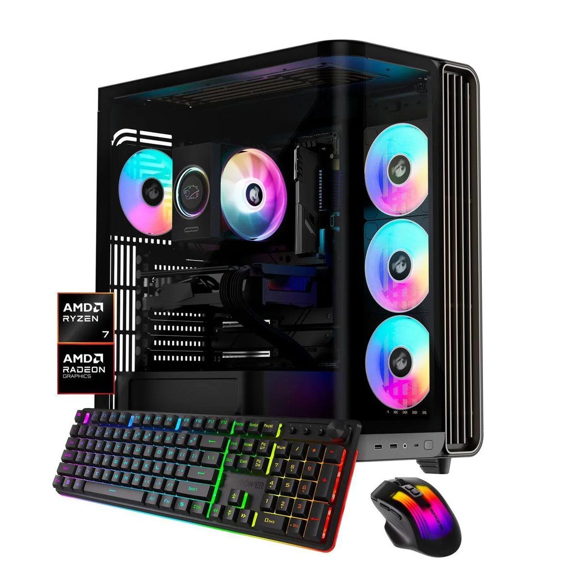 Black mid-tower gaming desktop with RGB fans and side panel