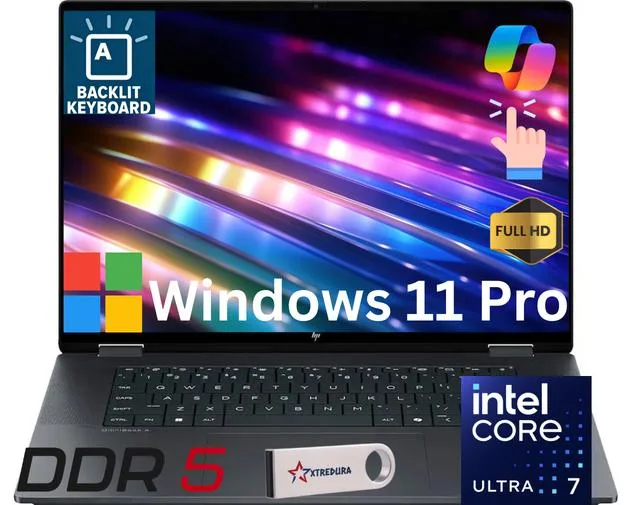 Black 16 inch 2-in-1 laptop with touchscreen display, backlit keyboard, flip hinge