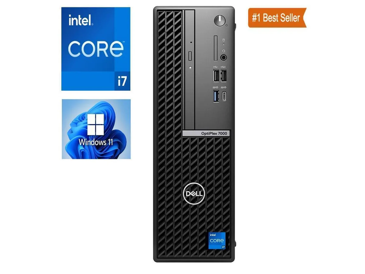 Black small form factor desktop tower with DVD-RW slot and wired keyboard and mouse