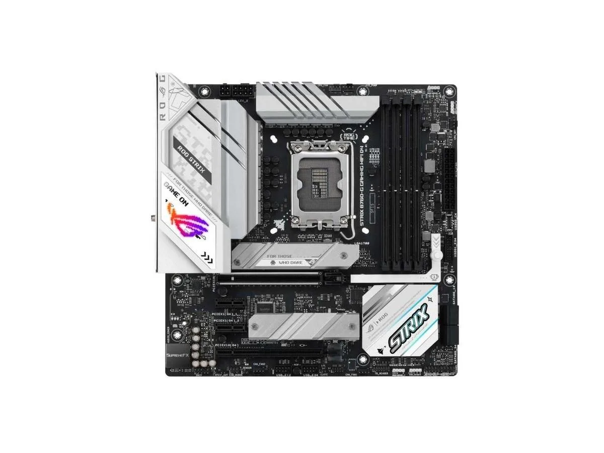Micro-ATX motherboard, dark PCB with silver heatsinks and I/O shield