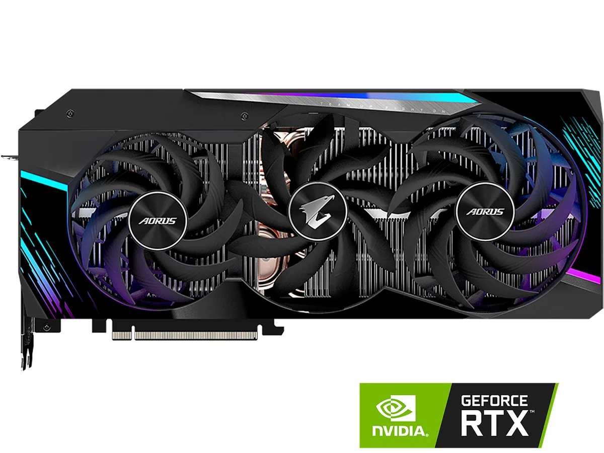 Black triple-slot graphics card with triple-fan cooler and metal backplate