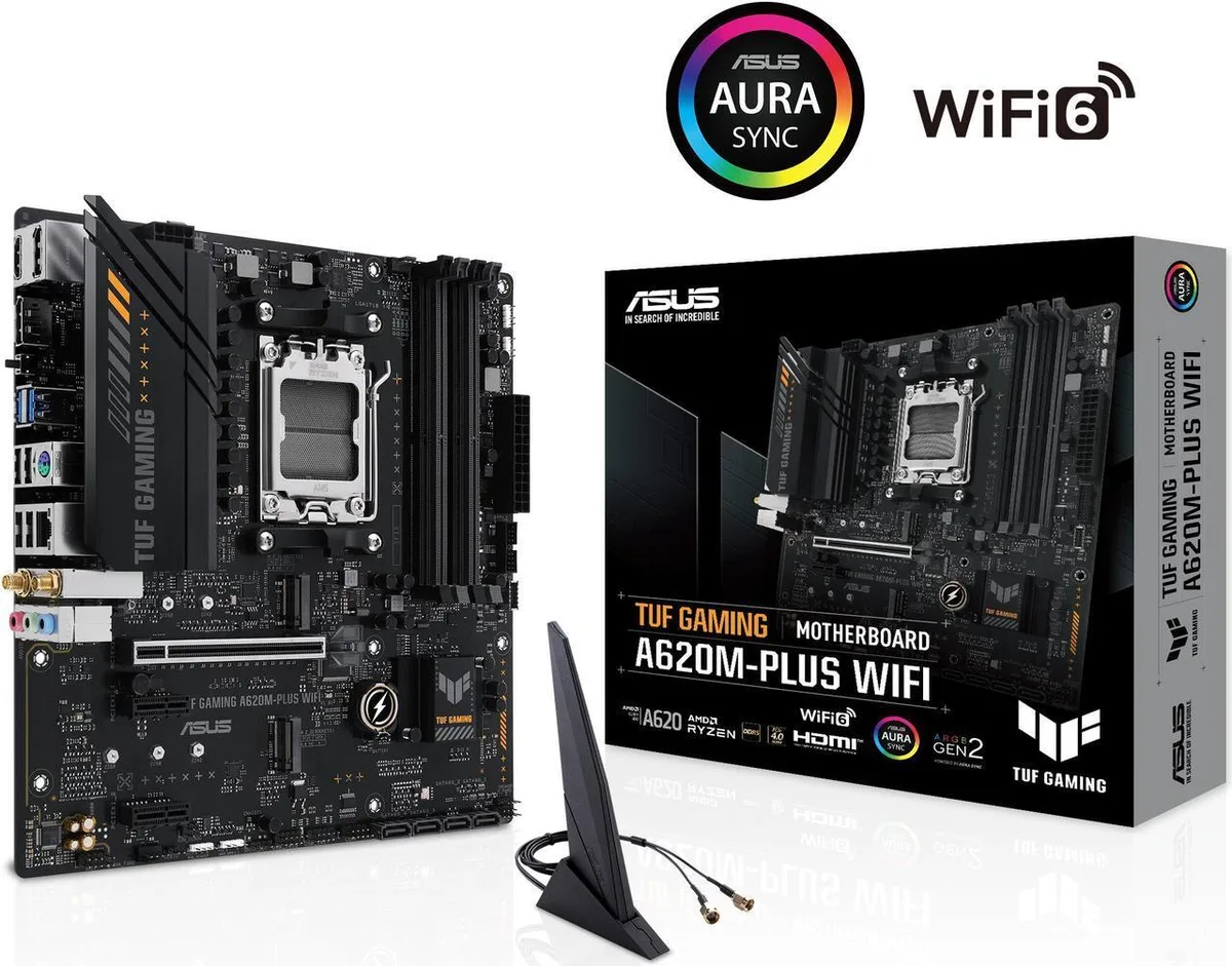 Micro-ATX motherboard with black PCB and grey VRM heatsinks