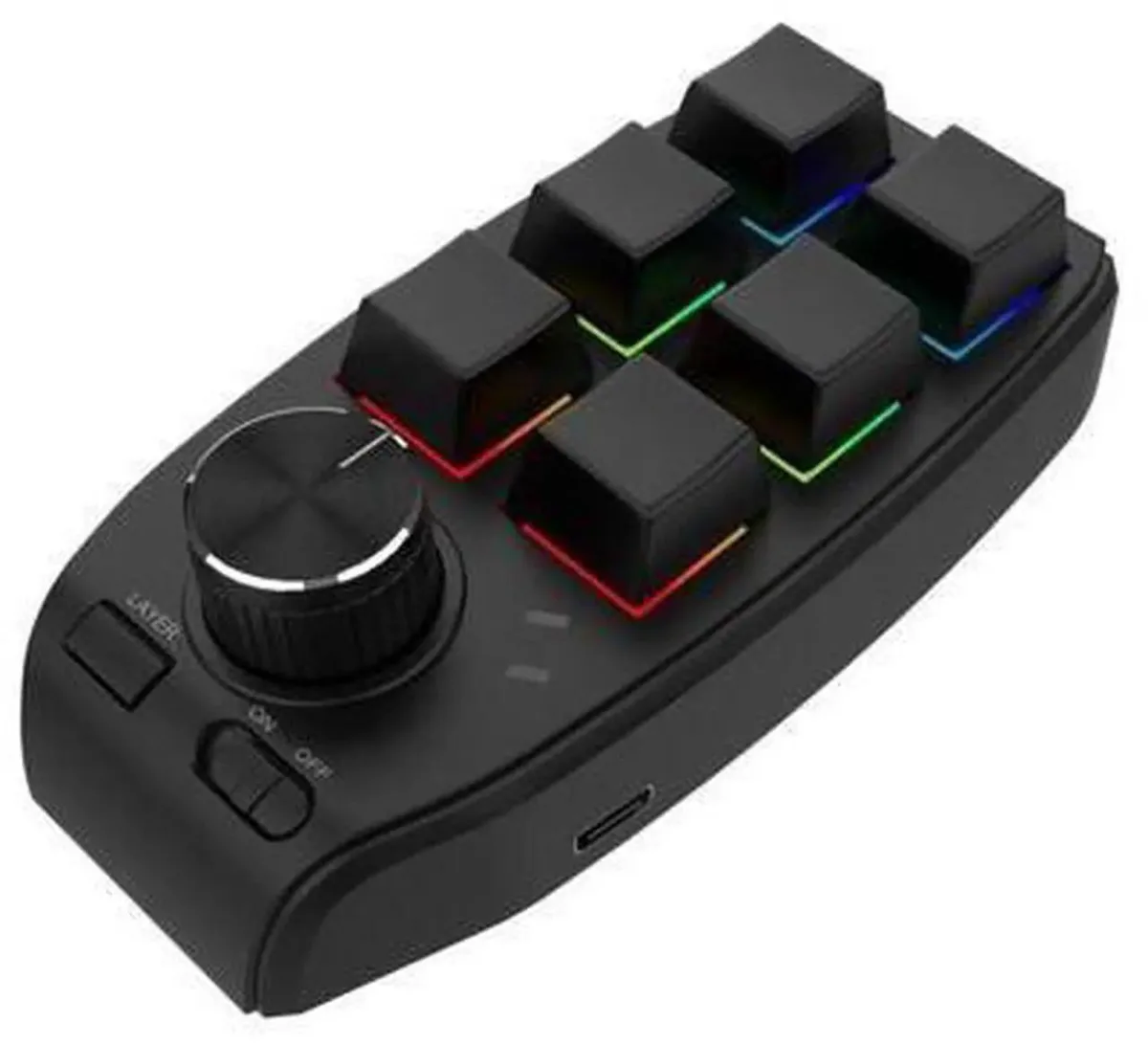 Compact wireless RGB macro keypad with six mechanical keys and a rotary knob, matte black finish