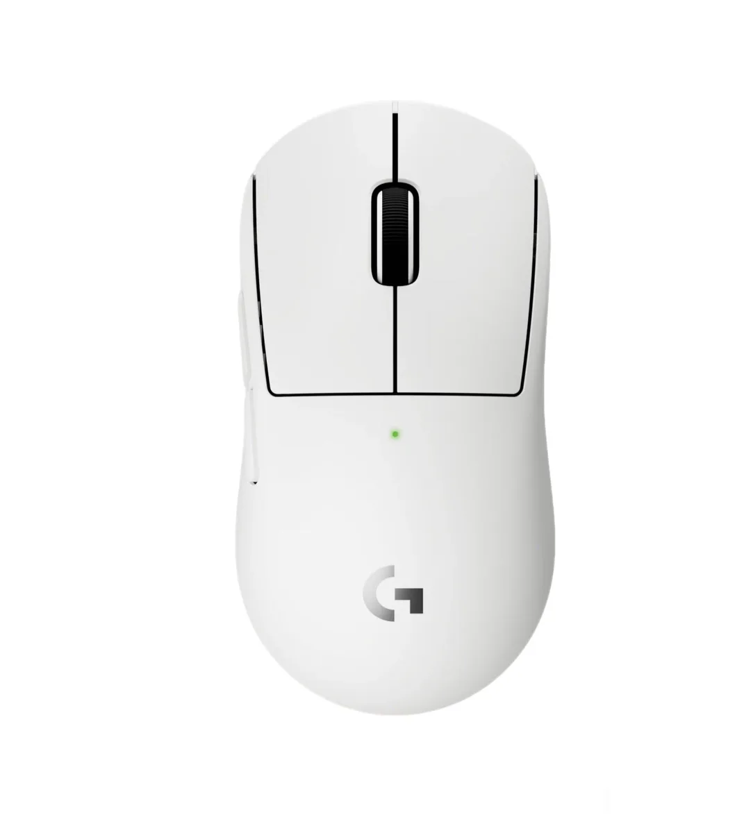 Compact white wireless gaming mouse, smooth matte finish, symmetrical shape with two side buttons, USB-C cable and receiver included