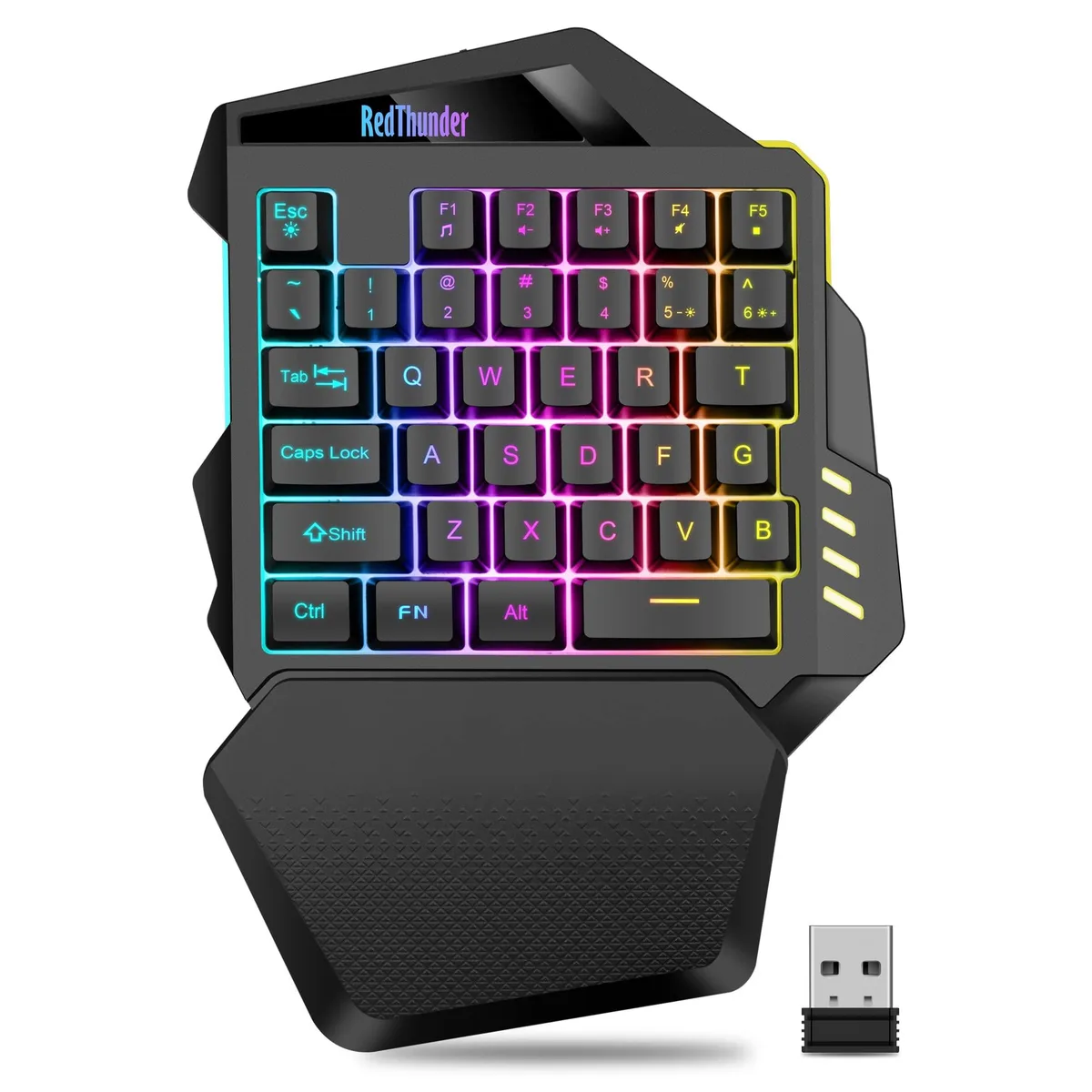 Compact 35-key wireless gaming keypad with RGB backlighting, textured wrist rest, and USB receiver