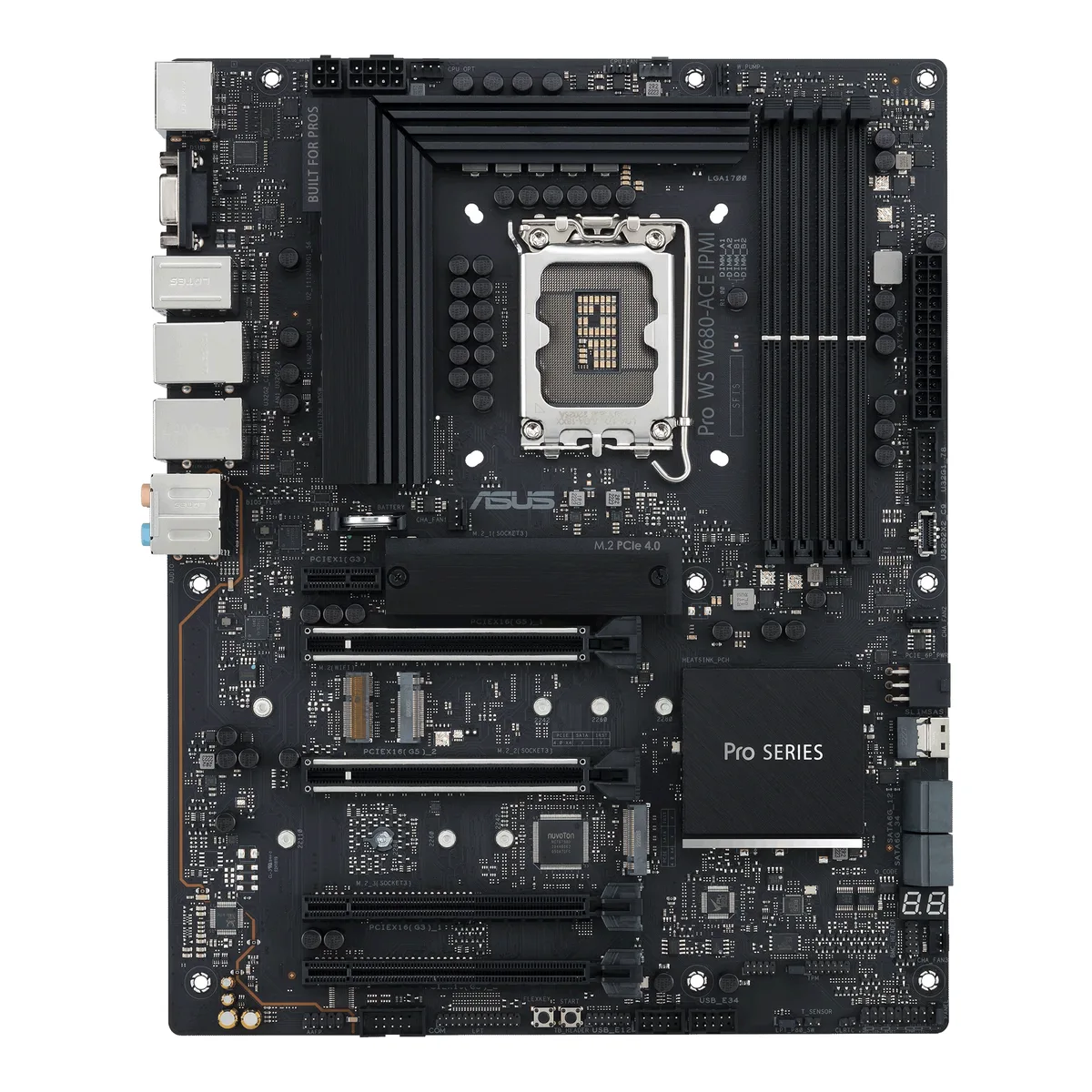 Rectangular ATX motherboard in dark finish with silver heatsinks, four DDR5 slots, dual PCIe 5.0 x16 slots