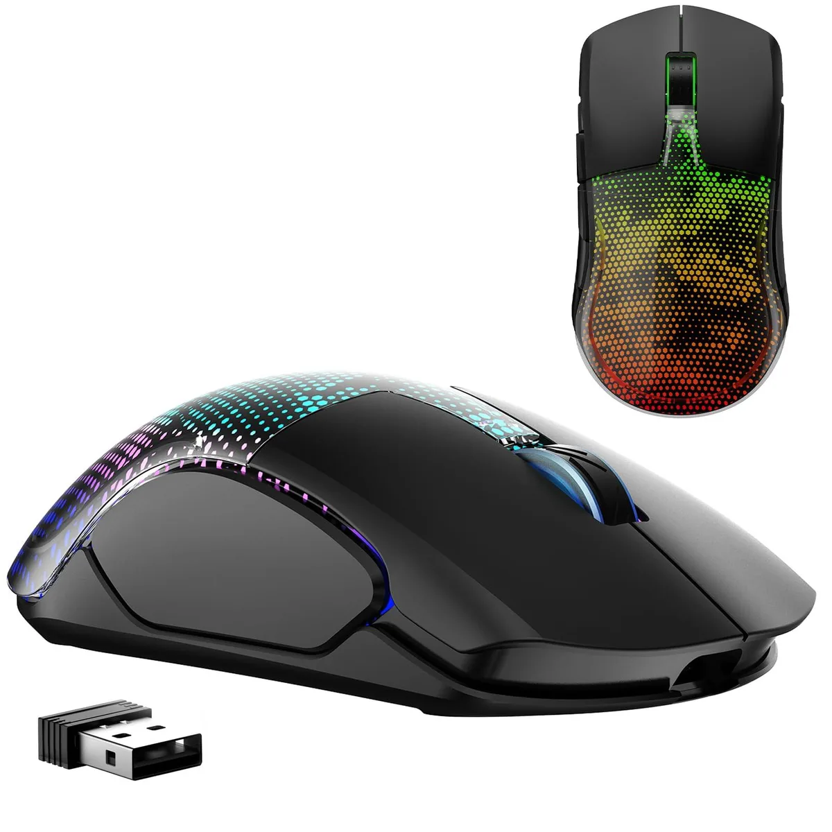Black right-hand wireless gaming mouse with python skin texture and large RGB backlight area