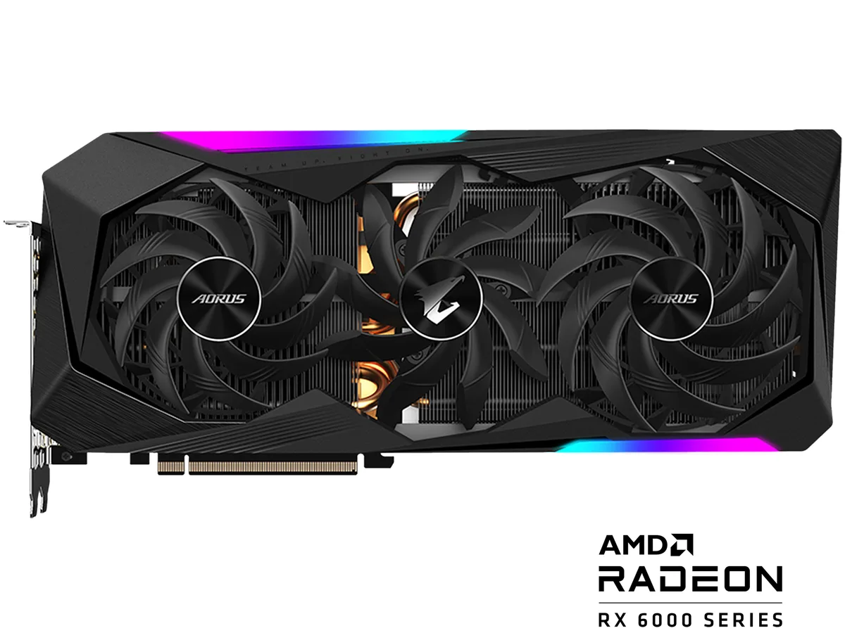GIGABYTE AORUS Radeon RX 6800 XT graphics card with triple-slot cooler and metal backplate