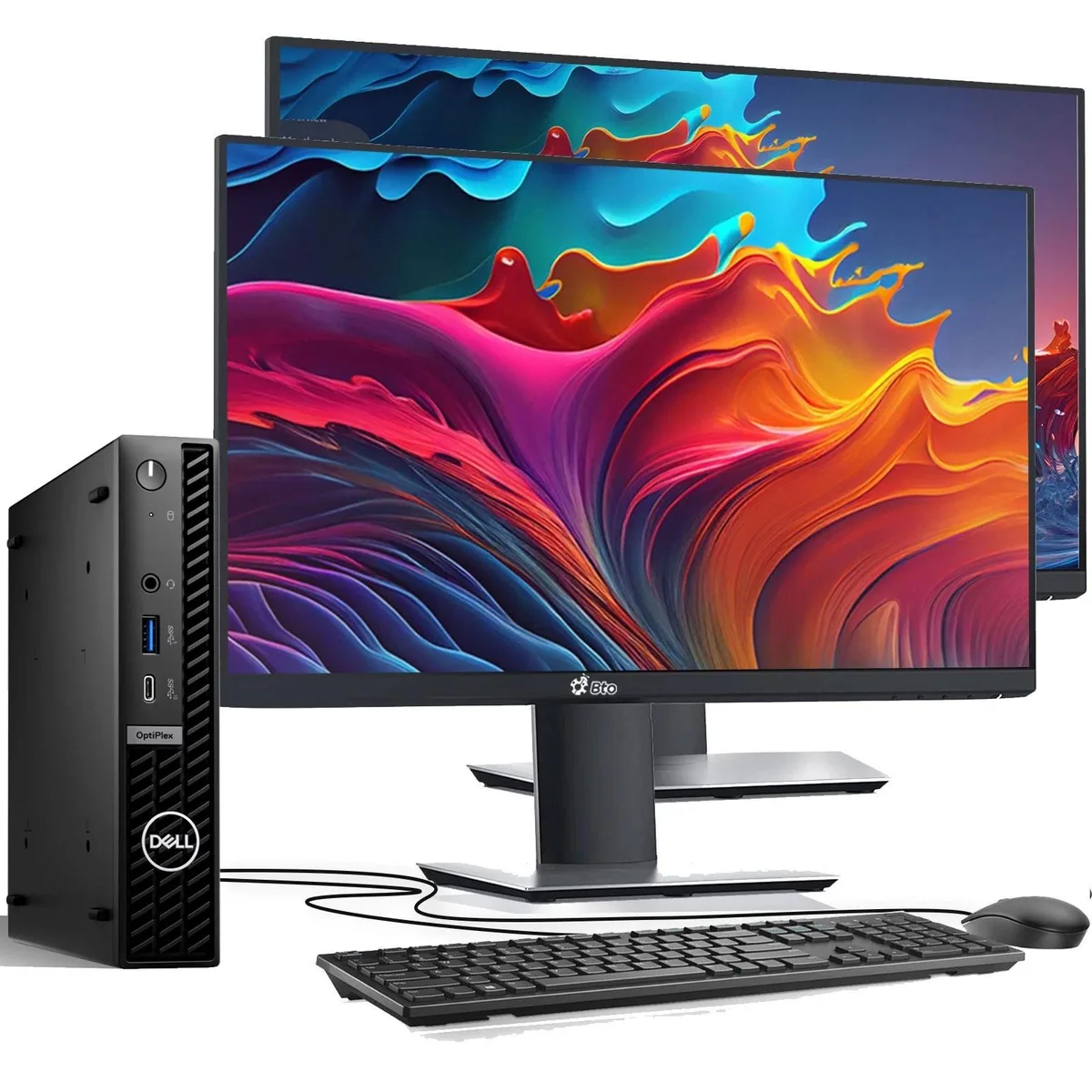Small black Dell OptiPlex 7010 Micro desktop with two 22-inch monitors