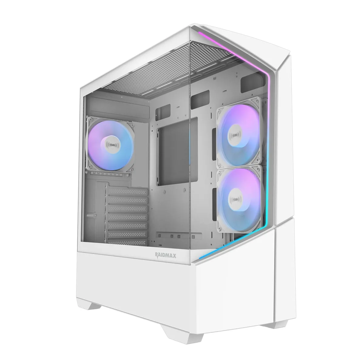 White mid-tower PC case with panoramic tempered glass front and side panels, three 120mm ARGB fans visible inside