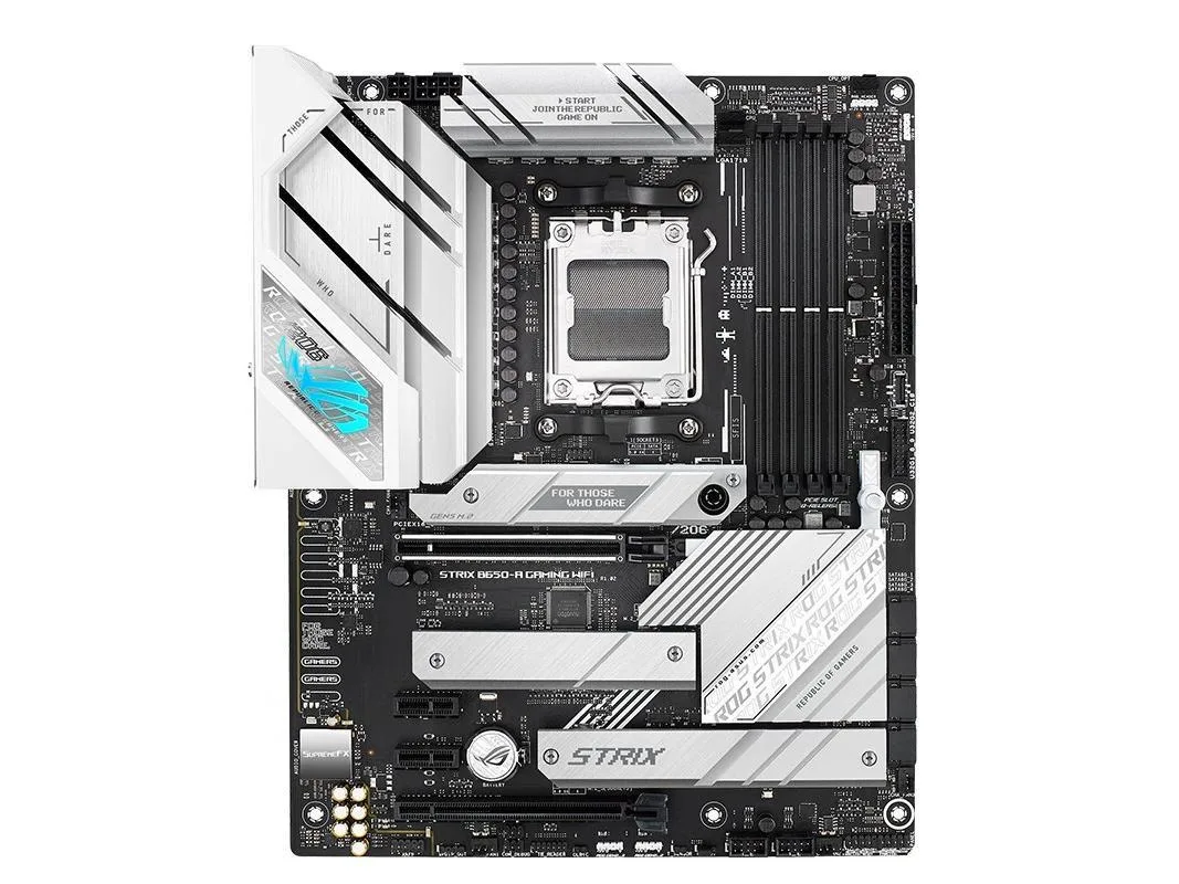 Black ATX motherboard with silver heatsinks and ROG branding