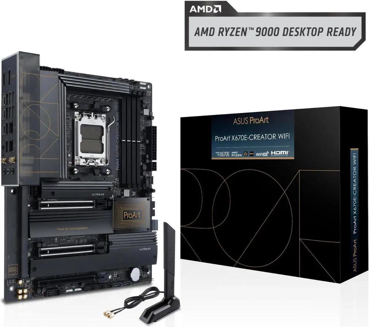 ATX motherboard, dark grey board with silver heatsinks and white ProArt branding
