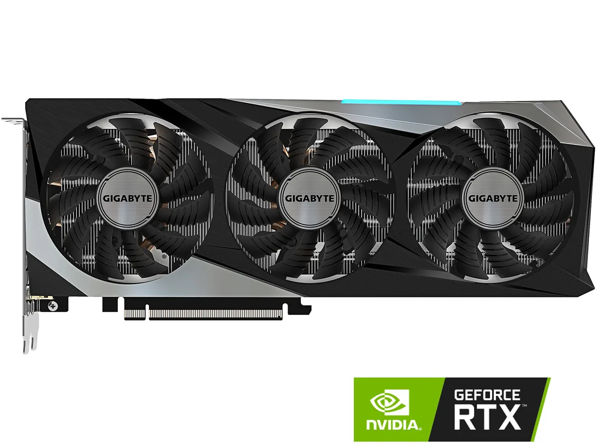 Triple-fan graphics card with metal backplate, black and silver finish