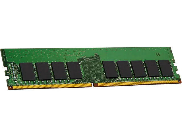 Green rectangular circuit board with gold edge connectors and black memory chips, no heat spreader