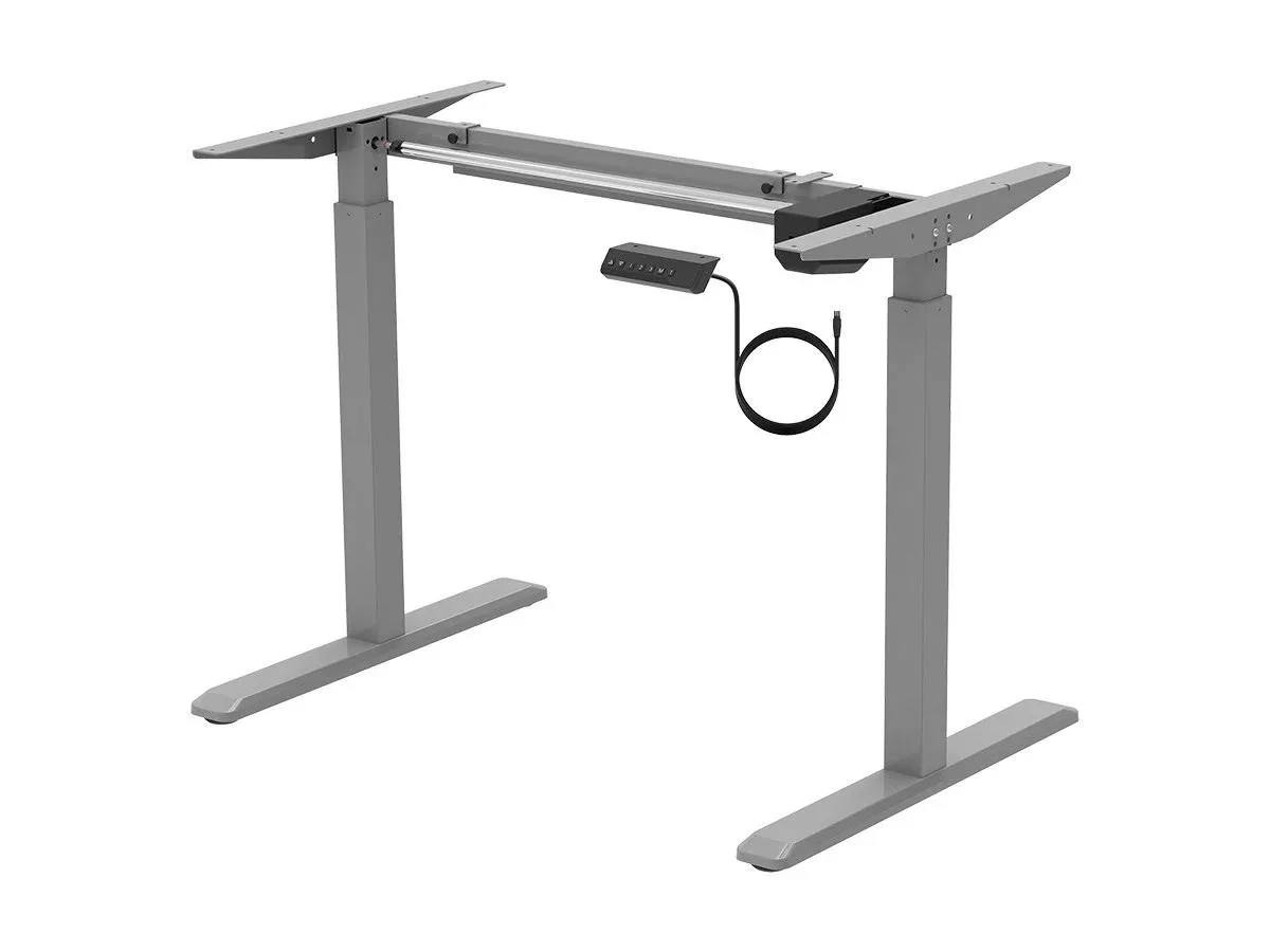 Grey metal sit-stand desk frame with single electric motor, adjusts 28.7 to 48.4 inches high, fits 39 to 63 inch wide tops
