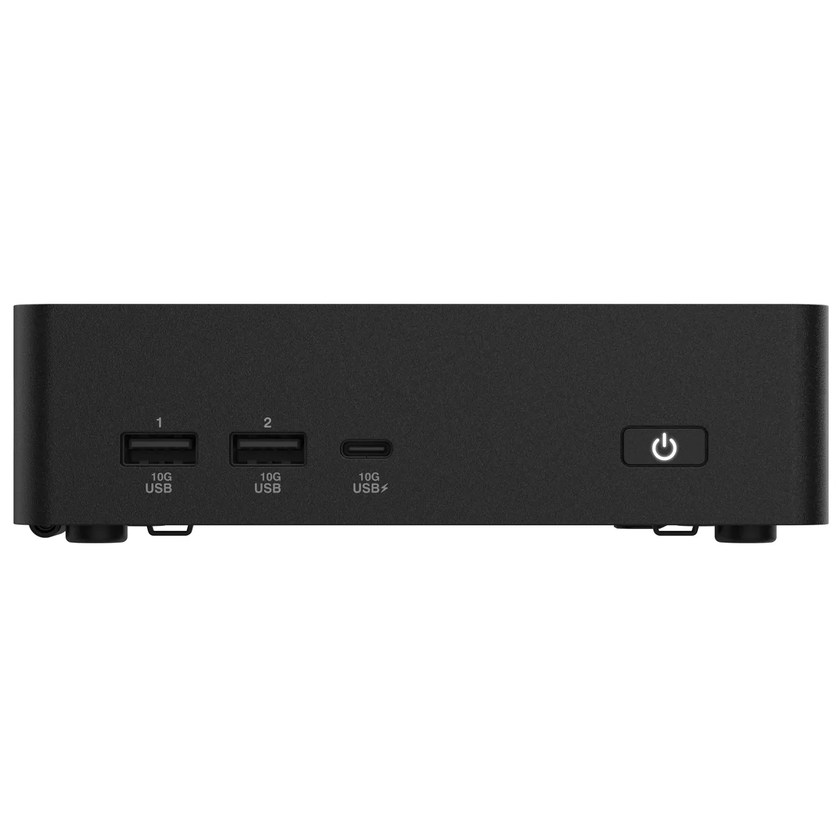 Small black square mini PC barebone with front USB-C and dual HDMI ports