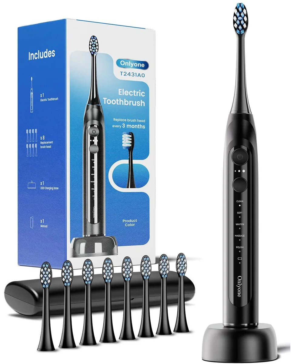  Onlyone T2431A0 Sonic Electric Toothbrush Black 8 Heads Travel Case — product photo