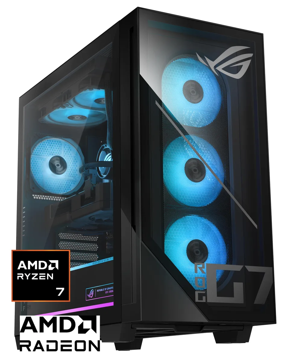 Black tower gaming desktop with liquid cooling and RGB keyboard and mouse